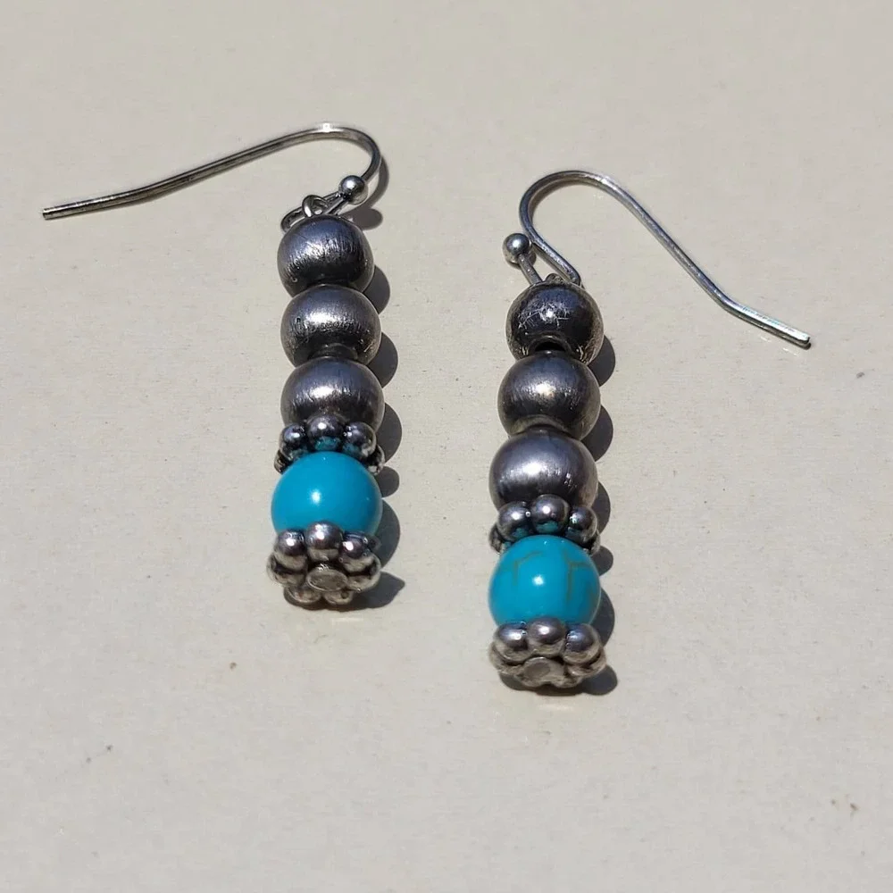 Vintage Sterling Silver Turquoise Dangle Earrings Blue Bead Southwestern Boho